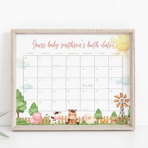 May include: A printable baby shower game with a farm theme. The game asks guests to guess the baby's birth date. The calendar is for September and October. The due date is marked on the calendar.