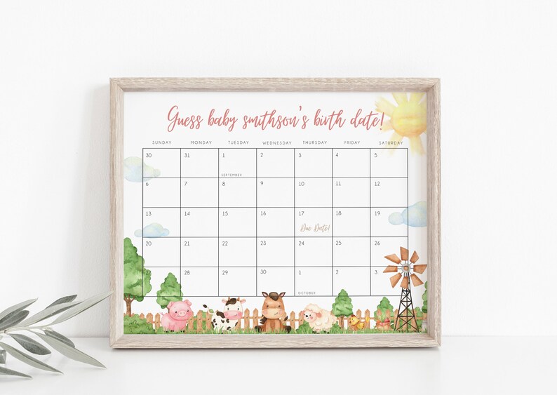 May include: A printable baby shower game with a farm theme. The game asks guests to guess the baby's birth date. The calendar is for September and October. The due date is marked on the calendar.