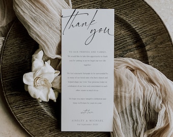 Minimalist Wedding Thank You Note Template, Modern Wedding, Wedding Place Setting Thank You, Table Card, Editable, Instant Download - BD76