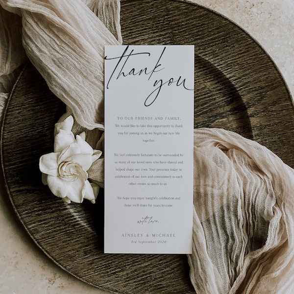 Minimalist Wedding Thank You Note Template, Modern Wedding, Wedding Place Setting Thank You, Table Card, Editable, Instant Download - BD76