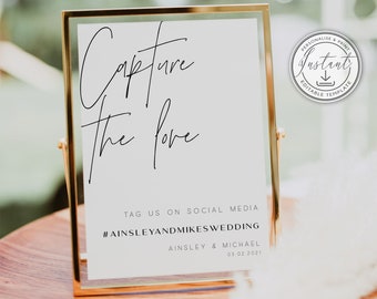 Minimalist Capture the Love Wedding Sign, Modern Wedding Signage, Wedding Hashtag, Instant Download, Printable Sign, Editable - BD108