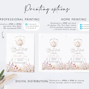May include: A printable bridal shower invitation with a watercolor illustration of a teapot and flowers. The invitation says "Time for Tea with the Bride-to-be".