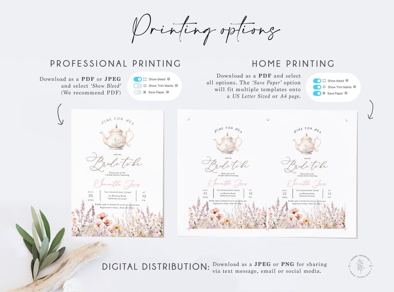 May include: A printable bridal shower invitation with a watercolor illustration of a teapot and flowers. The invitation says "Time for Tea with the Bride-to-be".