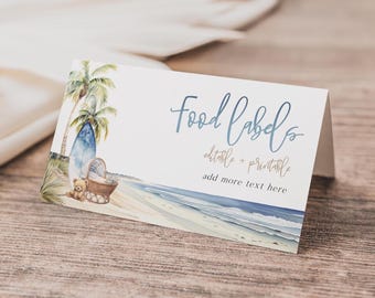 Beach Editable Food Label Place Cards, Baby on Board Food Label Template, Surf Themed Baby Shower, Printable Place Cards, Summer Baby, BD215