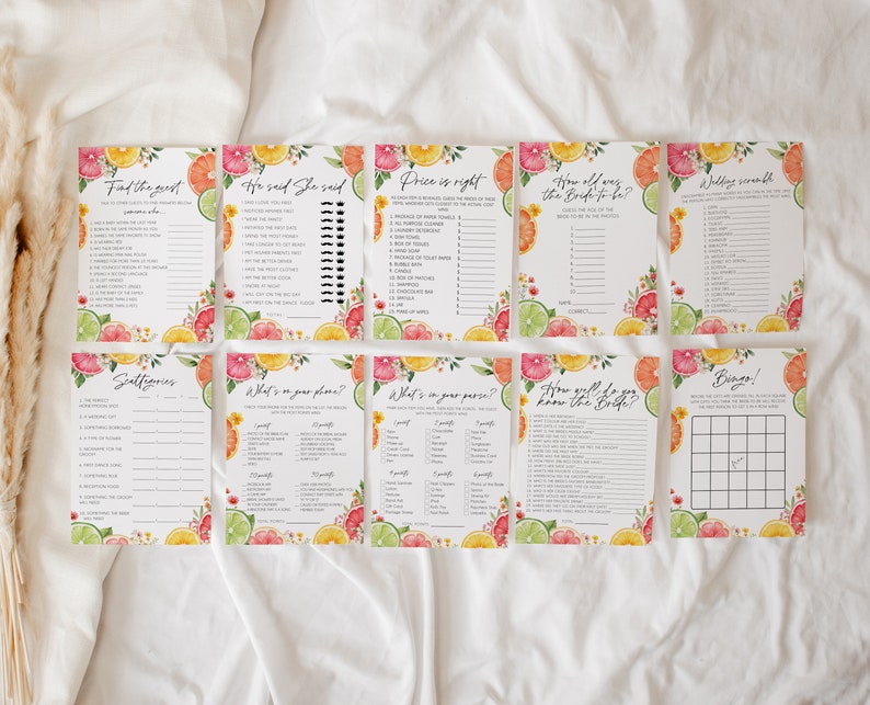 Peut inclure: Un ensemble de jeux de douche nuptiale imprimables sur le th&egrave;me des agrumes avec des illustrations de citrons, de limes et de pamplemousses. Les jeux comprennent "Trouver l'invit&eacute;", "Il a dit Elle a dit", "Le prix est juste", "Quel &acirc;ge avait la mari&eacute;e", "M&eacute;lange de mariage", "Superlatifs", "Ce qui est sur votre t&eacute;l&eacute;phone", "Ce qui est dans votre sac &agrave; main", "&Agrave; quel point connaissez-vous la mari&eacute;e", et "Bingo !"