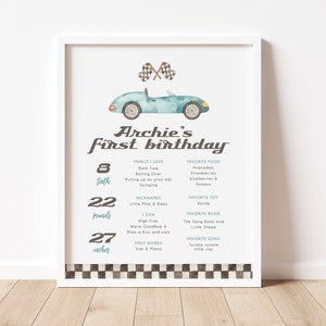 Race Car Milestone Birthday Poster, Blue Race Car 1st Birthday Board, Car Themed First Birthday Sign, Printable Milestone Poster, BD159