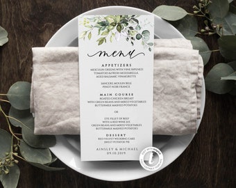 Hochzeitsmenüvorlage, druckbares Menü, Greenery, bearbeitbar, Empfangsmenü, Hochzeit Tischdekoration, Sofort Download, Rustikal, Eukalyptus, BD44