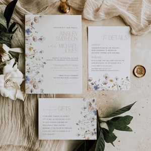 Wildflower Wedding Invitation Suite, Editable Bohemian Wedding Invite Set, Watercolor Spring & Garden Flowers, Printable Invitation, BD151