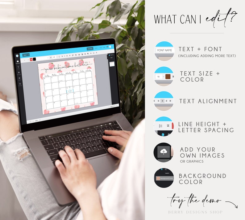 Puede incluir: Una pantalla de computadora port&aacute;til muestra un calendario rosa y blanco con el texto "guess baby's due date". La pantalla est&aacute; rodeada por un borde azul y blanco. El texto "WHAT CAN I edit?" se muestra en el lado derecho de la imagen. El texto a continuaci&oacute;n enumera las caracter&iacute;sticas editables del calendario, que incluyen texto, fuente, tama&ntilde;o, color, alineaci&oacute;n, altura de l&iacute;nea, espaciado de letras, im&aacute;genes y color de fondo.