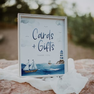 Nautical Cards & Gifts Sign Template, Nautical Baby Shower Signage, Blue Boy Baby Shower Printable Sign, Anchor Sign, Sailboat Decor, BD186