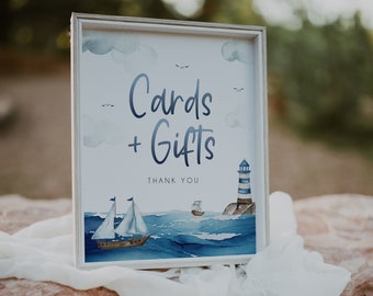 Nautical Cards & Gifts Sign Template, Nautical Baby Shower Signage, Blue Boy Baby Shower Printable Sign, Anchor Sign, Sailboat Decor, BD186