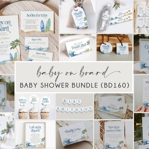 Baby on Board Invitation Suite, Surf Beach Baby Shower Editable Invitation Bundle, Summer Baby Shower, Printable Invite, Shower Evite, BD160