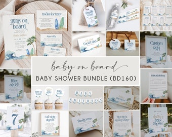 Baby on Board Invitation Suite, Surf Beach Baby Shower Editable Invitation Bundle, Summer Baby Shower, Printable Invite, Shower Evite, BD160