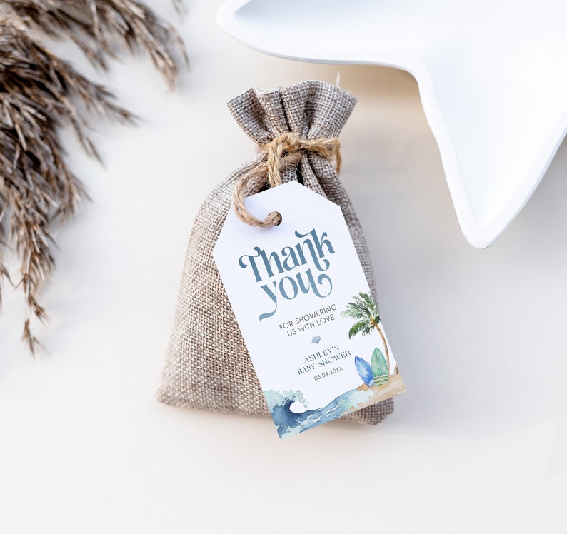 Ocean & Surf Thank You Gift Tag Template, Beach Baby Shower Favors, Printable Favors, Surf Themed Baby Shower Gift Tag, Beach Party, BD160 image 1