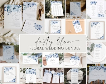 Dusty Blue Wedding Bundle, Blue Floral Wedding Template Bundle, DIY Wedding Download, Rustic Wedding Printable Invitation Bundle, BD93