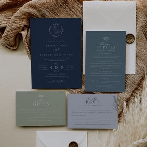 Navy Blue Monogram Wedding Invitation Template, Botanical Wedding Invitation Template, Editable Modern Wedding Invite, Printable Invitation