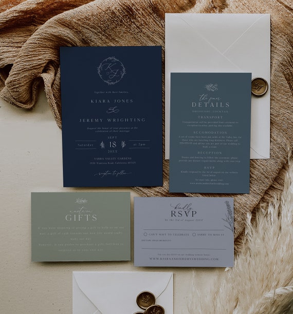 Navy Blue Monogram Wedding Invitation Template Botanical 