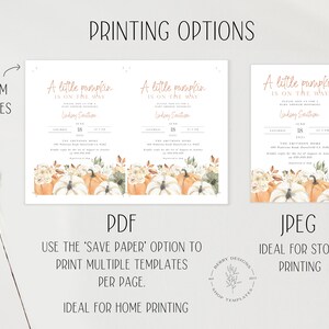 Pode incluir: Convites para ch&aacute; de beb&eacute; com tema de ab&oacute;bora. Os convites apresentam o texto "A little pumpkin is on the way" em uma fonte elegante, com uma ab&oacute;bora em aquarela e uma borda floral. A imagem tamb&eacute;m inclui op&ccedil;&otilde;es de impress&atilde;o.