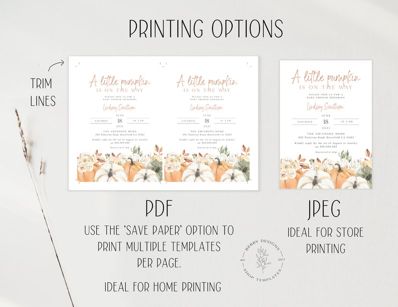 Pode incluir: Convites para ch&aacute; de beb&eacute; com tema de ab&oacute;bora. Os convites apresentam o texto "A little pumpkin is on the way" em uma fonte elegante, com uma ab&oacute;bora em aquarela e uma borda floral. A imagem tamb&eacute;m inclui op&ccedil;&otilde;es de impress&atilde;o.