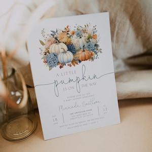 Blue Little Pumpkin is On the Way Editable Baby Shower Invitation, Blue Fall Baby Shower Invite, Dusty Blue Pumpkin Printable Invite, BD191