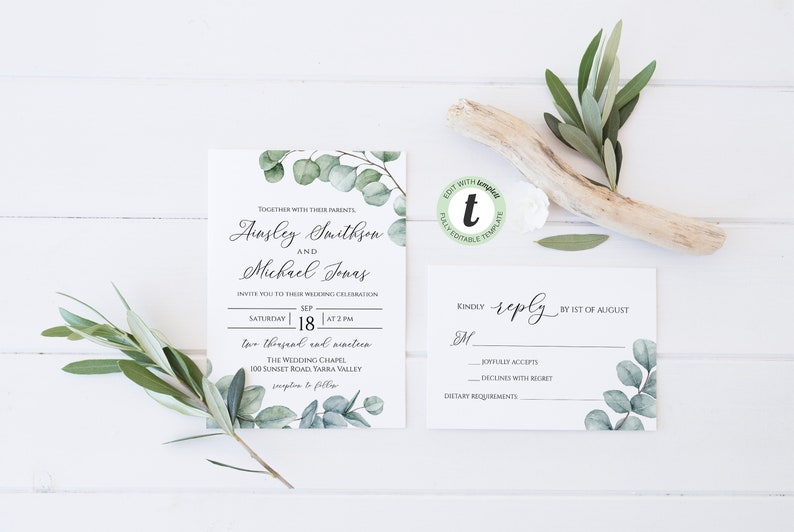 Instant Download Floral Editable Greenery invite Eucalyptus Printable Invitation Bohemian Editable Wedding Invitation Suite BD34