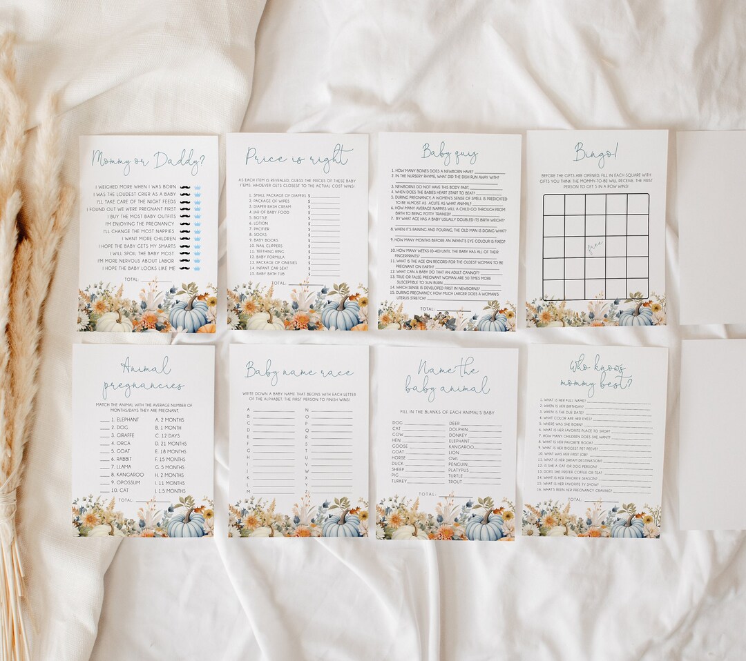 8 Fall Baby Shower Games Editable Templates, Blue Pumpkin Baby Shower ...