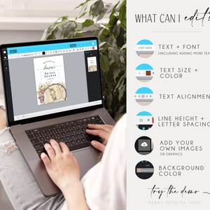 May include: A laptop screen shows a customizable bridal shower invitation template with the text "Welcome to [Name]'s Bridal Shower". The screen is surrounded by a list of editable features, including text, font, size, color, alignment, line height, letter spacing, background color, and the ability to add images.