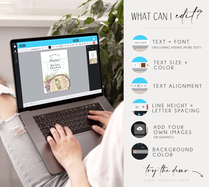 May include: A laptop screen shows a customizable bridal shower invitation template with the text "Welcome to [Name]'s Bridal Shower". The screen is surrounded by a list of editable features, including text, font, size, color, alignment, line height, letter spacing, background color, and the ability to add images.