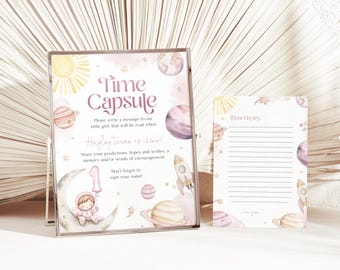 Pastel Pink Space Time Capsule Sign & Card Printable Sign, Pink Outerspace Birthday Party Decor, Girls 1st Birthday Sign, Space Theme, BD217