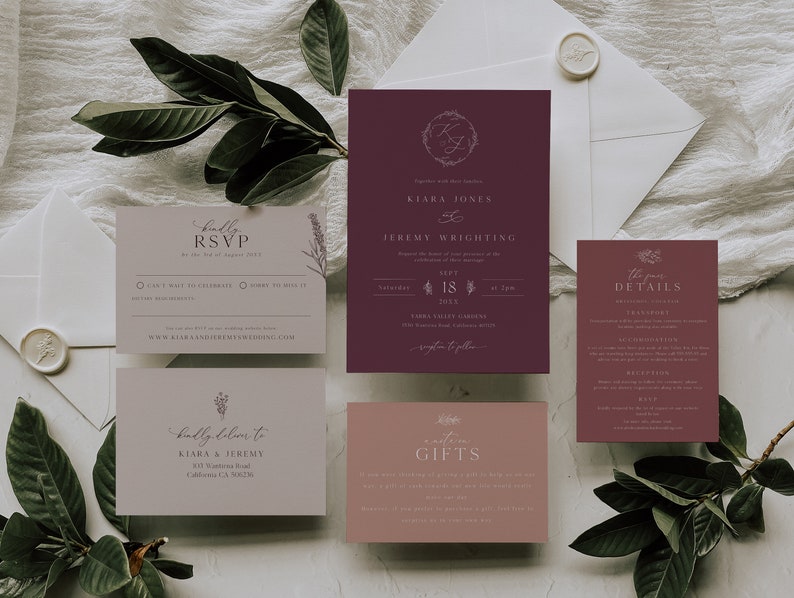 Modern Mauve Wedding Invitation Template, Monogram Wedding Invitation, Editable Modern Wedding Invite, Botanical Invite, Simple & Elegant image 9