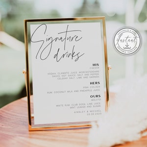 Minimalist Signature Drinks Wedding Sign, His and Hers Drinks, Modern Wedding Signage, Instant Download, Printable Sign, Editable - BD108