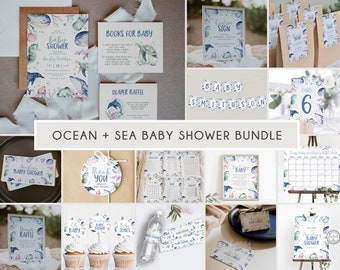 Ocean Baby Shower Invitation Bundle, Ocean Gender Neutral Baby Shower Printable Templates, Nautical Baby Shower, Turtle Baby Invite, BD105
