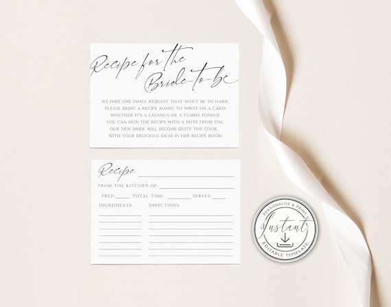 Minimalist Recipe for the Bride-to-be Card Insert, Recipe Fill-in Card, Editable Template, Instant Download, Modern Bridal Shower - BD76