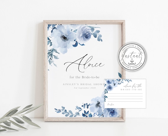 Dusty Blue Advice Sign Template, Blue Floral Bridal Shower Signs, Editable Sign, Rustic Bridal Shower, Printable Sign Instant Download- BD93