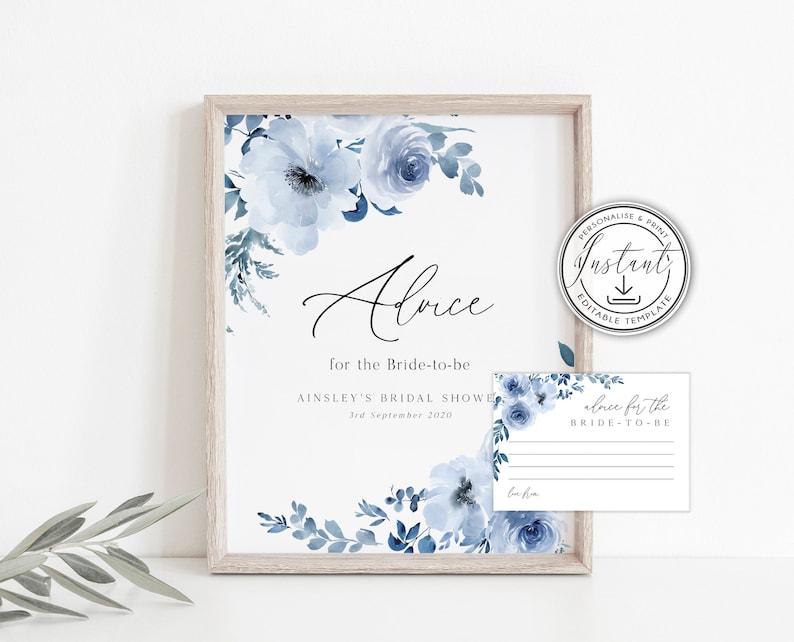 Blue Floral Bridal Shower Signs Rustic Bridal Shower Editable Sign Dusty Blue Advice Sign Template Printable Sign Instant Download- BD93