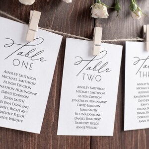 Op de afbeelding: Drie witte kaarten met zwarte tekst, elk met het label "Tafel Eén", "Tafel Twee" en "Tafel Drie". Elke kaart bevat een lijst met namen voor een zitplaatskaart voor een bruiloft.