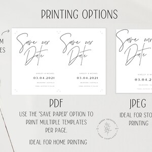 May include: A digital download of a save the date card template with a handwritten font that says "Save our Date" with the names Ainsley & Michael and the date 03.04.2021. The text "PDF" and "JPEG" are below the cards, with descriptions of how to use each file type.