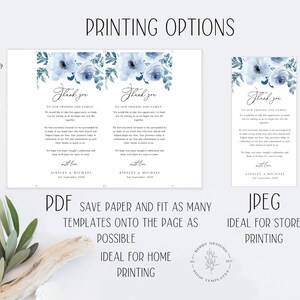Puede incluir: Una plantilla de tarjeta de agradecimiento de boda imprimible con un dise&ntilde;o floral de acuarela azul. El texto dice "Gracias a nuestros amigos y familiares. Nos gustar&iacute;a aprovechar esta oportunidad para agradecerles que se hayan unido a nosotros en el comienzo de nuestra nueva vida juntos." La tarjeta tambi&eacute;n incluye los nombres Ainsley & Michael y la fecha de septiembre de 2020.