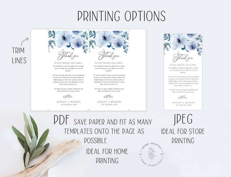 Puede incluir: Una plantilla de tarjeta de agradecimiento de boda imprimible con un dise&ntilde;o floral de acuarela azul. El texto dice "Gracias a nuestros amigos y familiares. Nos gustar&iacute;a aprovechar esta oportunidad para agradecerles que se hayan unido a nosotros en el comienzo de nuestra nueva vida juntos." La tarjeta tambi&eacute;n incluye los nombres Ainsley & Michael y la fecha de septiembre de 2020.