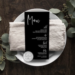 Black Modern Menu Editable Template, Minimalist Wedding Menu, Wedding Table Decor, Instant Download, Minimalistc, Printable Table Menu, BD64