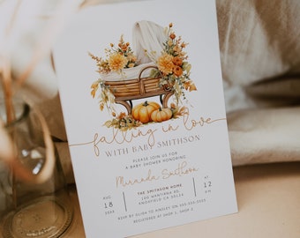 Falling in Love Baby Shower Editable Invitation, Autumn Baby Shower Invite, Gender Neutral Baby Shower, Autumn Floral Shower Invite, BD192