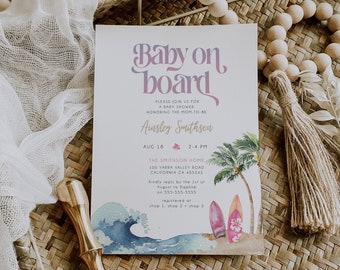 Baby on Board Invitation Template, Pink Surf Beach Baby Shower Editable Invitation, Summer Baby Shower, Printable, Shower Evite, Girl, BD160