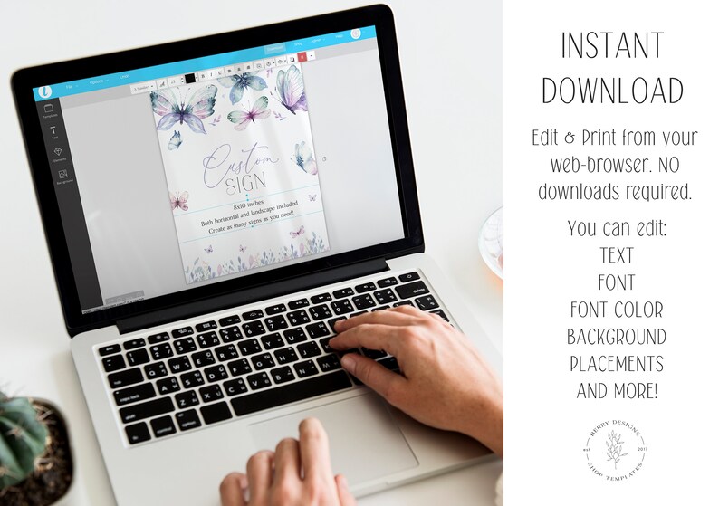 Puede incluir: Una pantalla de computadora port&aacute;til que muestra una plantilla de letrero personalizable con un dise&ntilde;o de mariposa de acuarela. El letrero mide 8x10 pulgadas e incluye dise&ntilde;os horizontales y verticales. El texto en el letrero dice "Letrero personalizado".