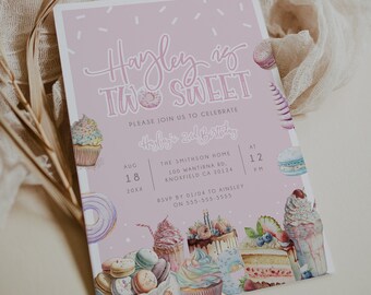 Two Sweet Birthday Invitation, Girls Second Birthday Two Sweet Invite, Donut Birthday Editable Invitation, Printable Invite, Pink, BD188
