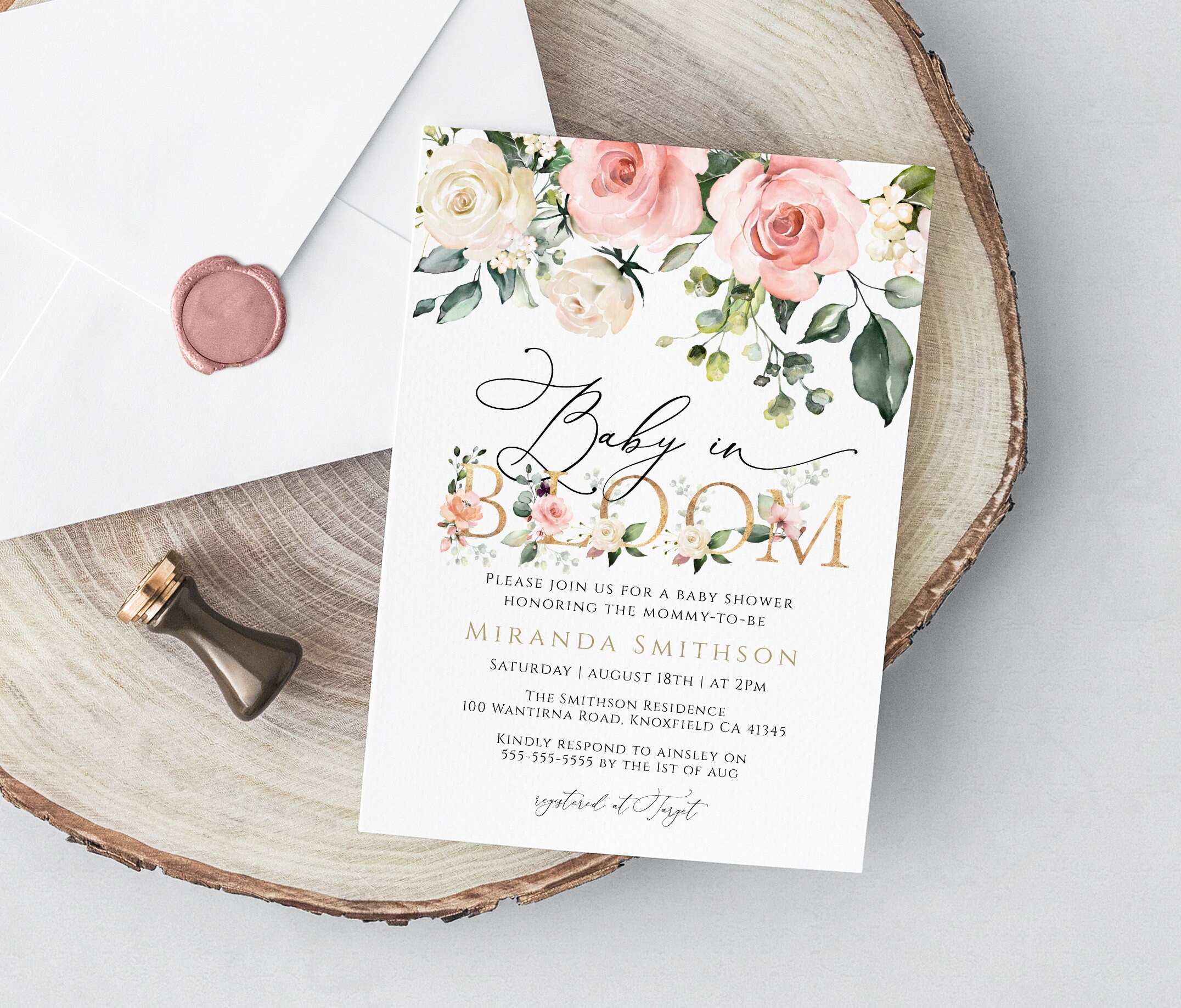 Blush & Gold Baby Shower Editable Invitation Baby in Bloom Etsy