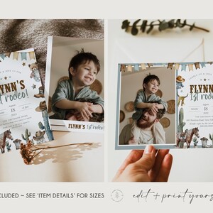 May include: A printable invitation for a first birthday party with a western rodeo theme. The invitation features a watercolor illustration of a cowboy hat, cacti, and a horse. The text on the invitation reads "Saddle Up & Join Us For Flynn's 1st Rodeo!" and includes the date, time, and location of the party.