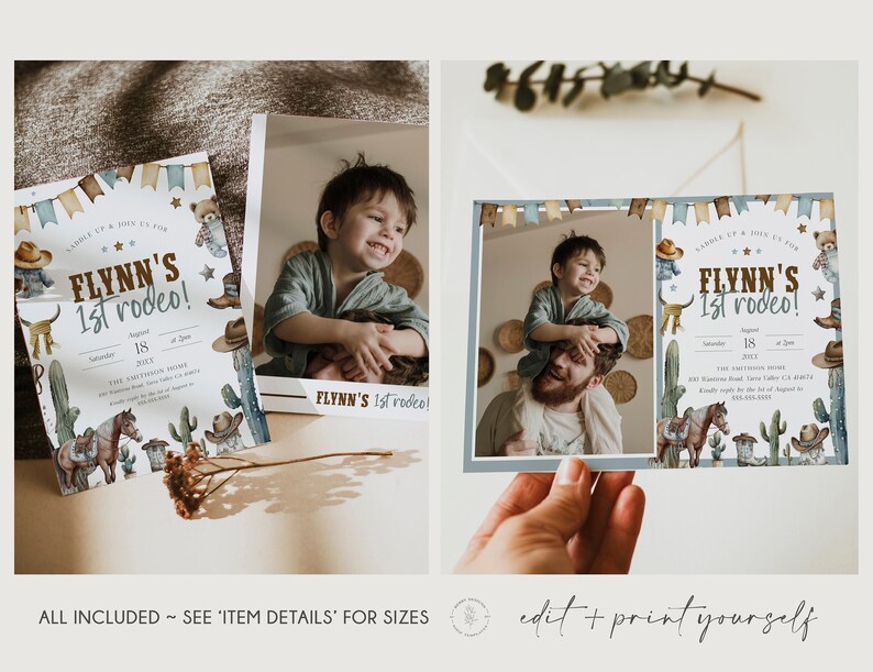 May include: A printable invitation for a first birthday party with a western rodeo theme. The invitation features a watercolor illustration of a cowboy hat, cacti, and a horse. The text on the invitation reads "Saddle Up & Join Us For Flynn's 1st Rodeo!" and includes the date, time, and location of the party.