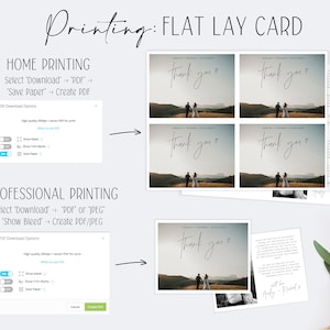 Pu&ograve; includere: Un mockup digitale che mostra come stampare un biglietto di ringraziamento per matrimonio piatto. Il biglietto presenta una foto di una coppia che si allontana dalla telecamera in un campo con montagne sullo sfondo. Il testo "grazie" &egrave; scritto in corsivo sul biglietto. L'immagine mostra anche le opzioni di stampa disponibili in un download digitale.