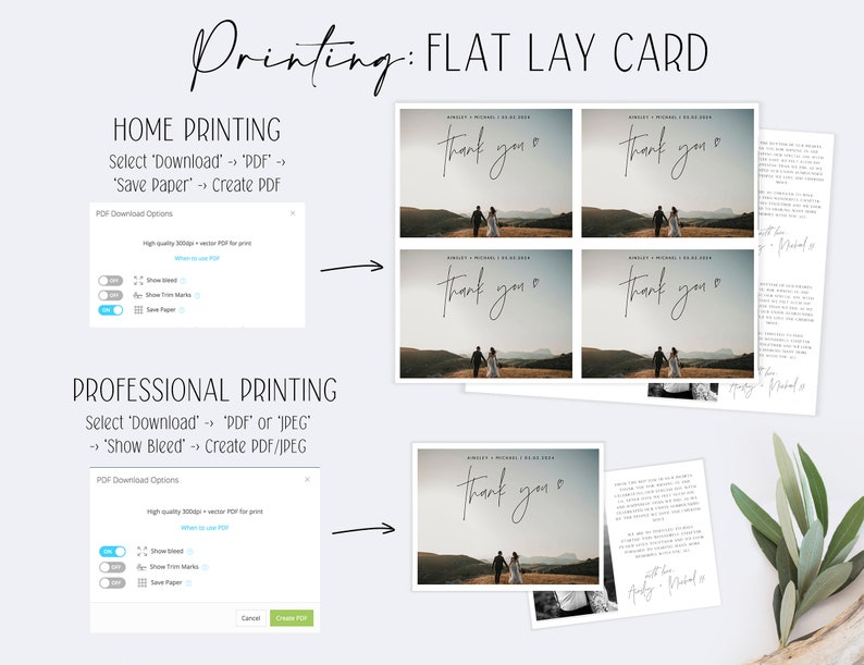 Pu&ograve; includere: Un mockup digitale che mostra come stampare un biglietto di ringraziamento per matrimonio piatto. Il biglietto presenta una foto di una coppia che si allontana dalla telecamera in un campo con montagne sullo sfondo. Il testo "grazie" &egrave; scritto in corsivo sul biglietto. L'immagine mostra anche le opzioni di stampa disponibili in un download digitale.