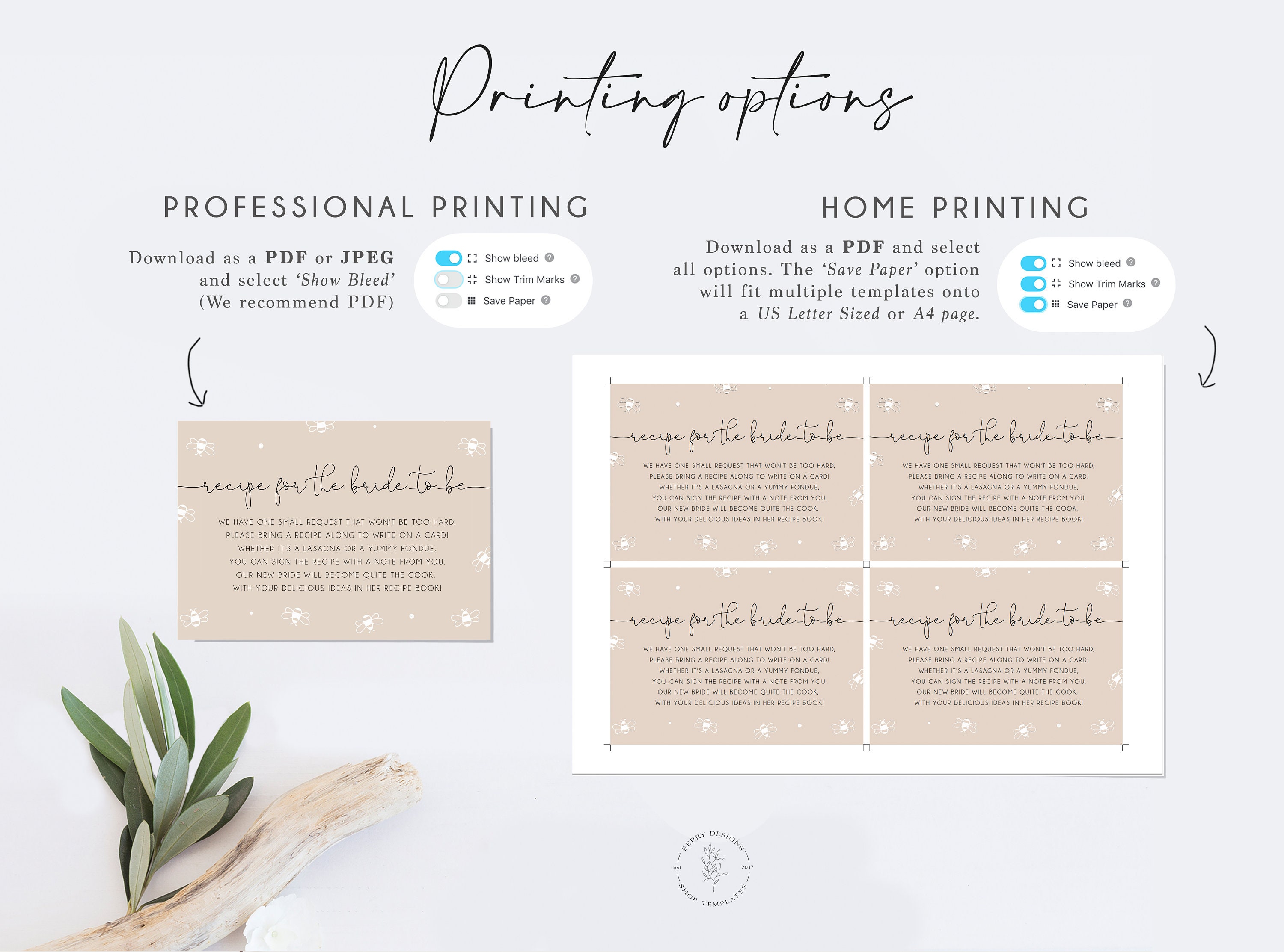 Bee Recipe for the Bride-to-be Card Insert Template, Bee Bridal Shower ...